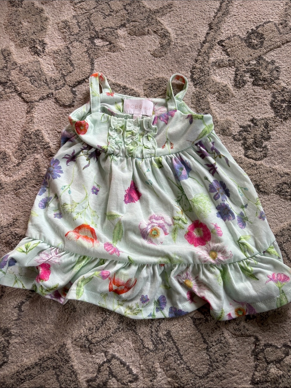 BCBGirls Mint Green Floral Ruffle Sundress with Pink & Purple Blooms